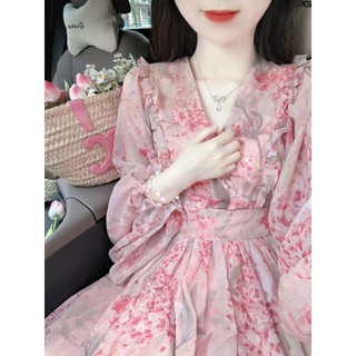 Phong Cách Mới Váy Hoa Màu Hồng Dài Tay Xếp Nếp Tay Đèn Lồng Cổ Chữ V Chít Eo Tôn Dáng Thiết Kế Kiểu Pháp