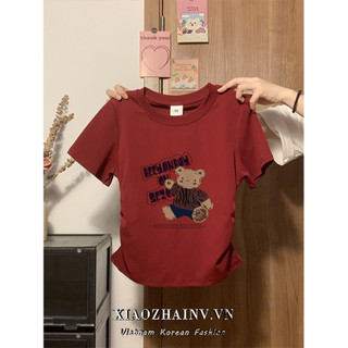 Xiaozhainv Rượu Vang Gấu Đỏ In Hình Tay Ngắn Nữ Mùa Hè [Thời Trang Mới] Dây Rút Mỏng Eo Sang Trọng Thường Ngày Hàng Đầu