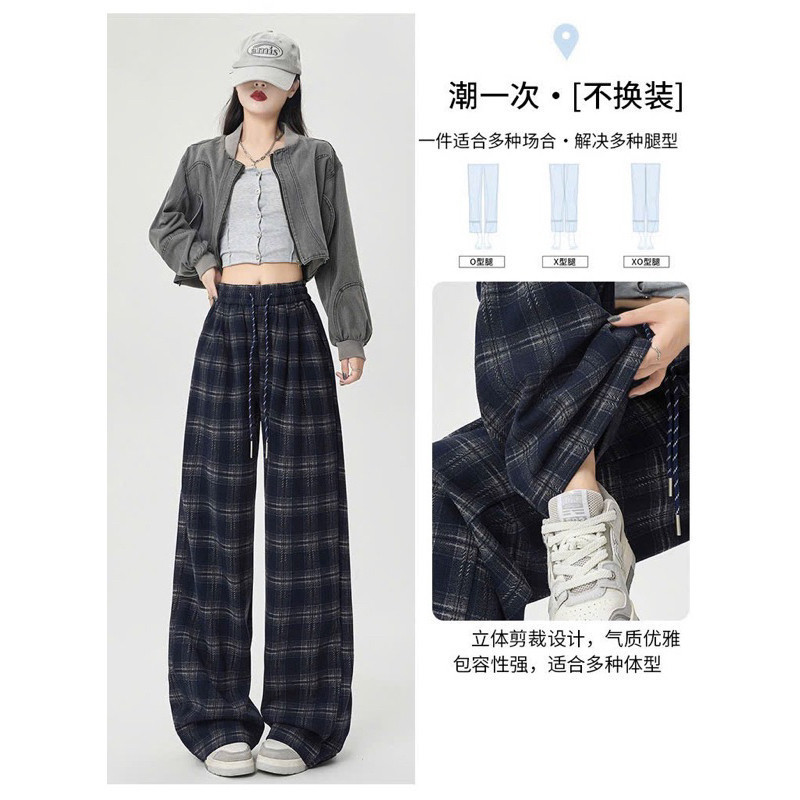 Quần nữ kẻ karo ống rộng chất dạ dày dặn, Quần caro vải dạ dày dặn cạp chun co giãn thỏa mái | BigBuy360 - bigbuy360.vn
