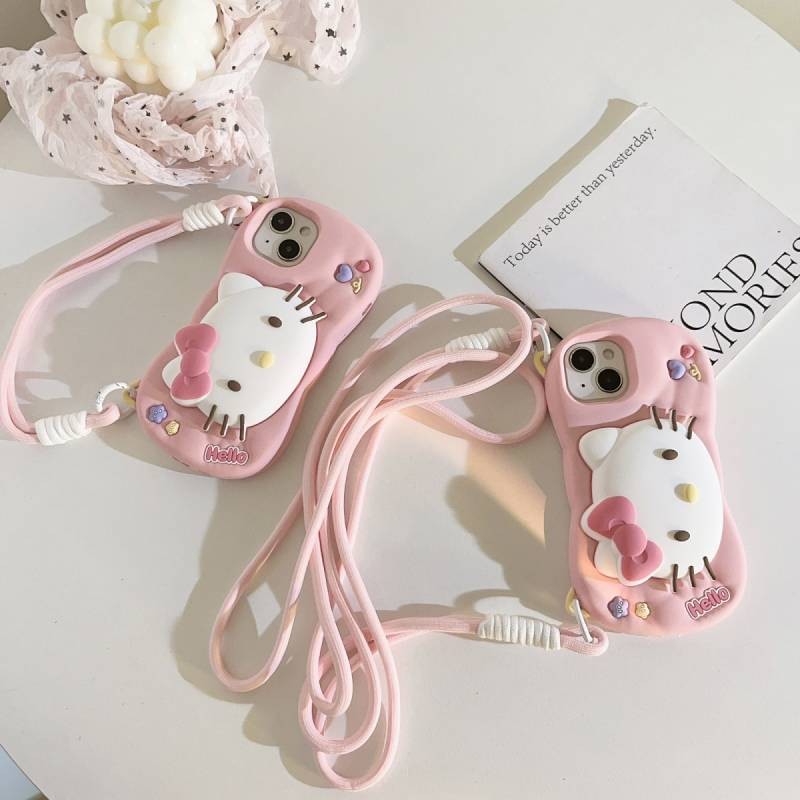 Cute Pink Kitty Cat Silicone Bracket for Apple 16promax Phone Case 16/15 Lanyard 13/14 SdEQ