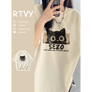 「RTVY」Áo thun Cotton ngắn tay in hình mèo dễ thương Oversize cổ tròn thông thường dành cho nữ