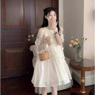 Oeggeo Váy dài vai mới mùa hè dành cho nữ Váy công chúa Pháp có viền lá sen