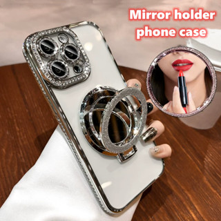 Ốp Điện Thoại Giá Đỡ Gương Sang Trọng Cho iPhone 11 12 13 14 15 Pro max 15 plus XR XS max 7G 8G 8 plus SE Ống Kính Bảo Vệ Camera Vỏ Chống Sốc Vỏ Mềm TPU Vỏ Bảo Vệ Điện Thoại
