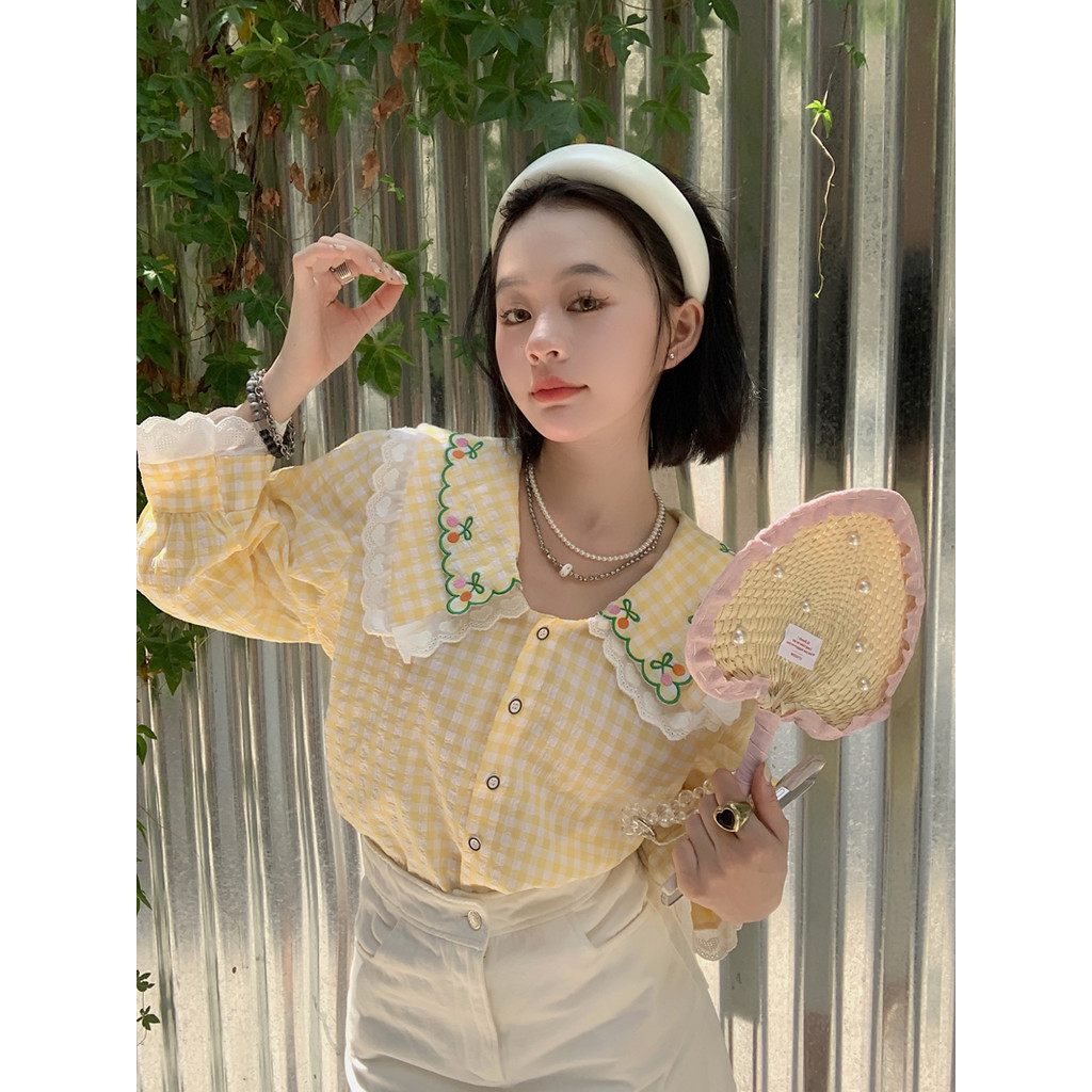 Suxisummer Mới Búp Bê Cổ Kẻ Sọc Rời Tay Ngắn Nữ 240505