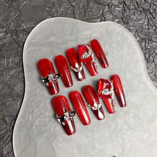 Red Gatling Handmade Mặc Móng Tay Thành Phẩm Bán Buôn Dài Mắt Mèo Năm Mới Làm Móng Tay Trắng Nâng Cao Đầu Móng Tay