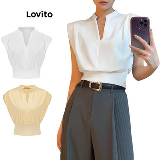Áo croptop Lovito cổ chữ V không tay màu trơn xếp ly phong cách thường ngày dành cho nữ L53AD013 (Nhiều màu)