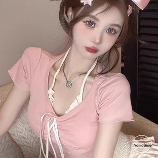 Áo thun ngắn tay cổ treo kiểu Pháp ngọt ngào mùa hè dành cho nữ
