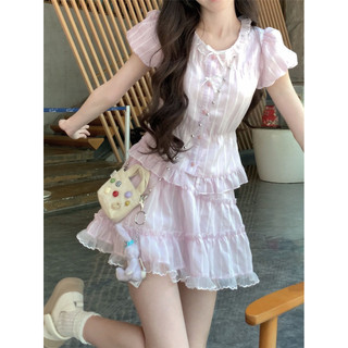 Set Áo Sơ Mi Khí Chất Ngọt Ngào Màu Tím Thiếu Nữ Ngắn Tay Cổ Bẻ Mẫu Mới Mùa Hè, Chân Váy Phồng, Bộ Hai Chiếc