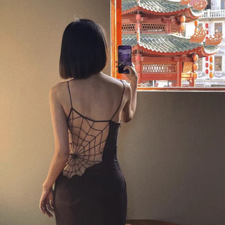 Đầm Dây Châu Âu Mỹ Dài Đầm Nguyên Chất Gợi Cảm Niche Thiết Kế Lust Original Hot Girl Spider Web Rỗng Sling KWKN