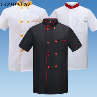 Yazhiniao Nam Tay Ngắn Chuyên Nghiệp Đầu Bếp Cotton Trắng Màu Trơn Khách Sạn Quần Áo Làm Việc Dài Tay
