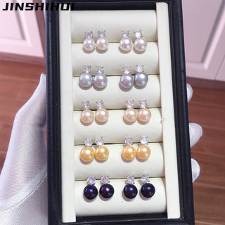 Bông tai ngọc trai tự nhiên dát bạc JINSHIHUI 7,5-8,5mm