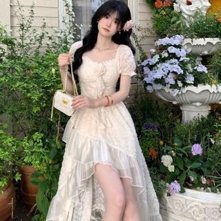 Hàng sẵn có kiểu Pháp khâu eo hẹp dáng ôm hơn Thiết kế mùa hè sang trọng Váy công chúa không đều Váy ngắn phía trước lưng váy dài