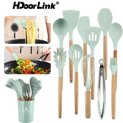 Hdoorlink 12 CÁI Bộ dụng cụ nhà bếp bằng silicon Bộ dụng cụ nấu ăn chống dính cho nhà bếp Tay cầm bằng gỗ Dụng cụ nấu ăn Bộ cụ nhà bếp