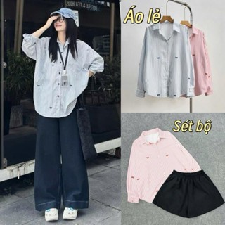 Set Áo Sơ Mi Bigsize Nữ Tay Dài Vải Mềm QC Kẻ Sọc Họa Tiết Nơ Xinh Xắn Kèm Quần Đùi Lưng Cao SET975