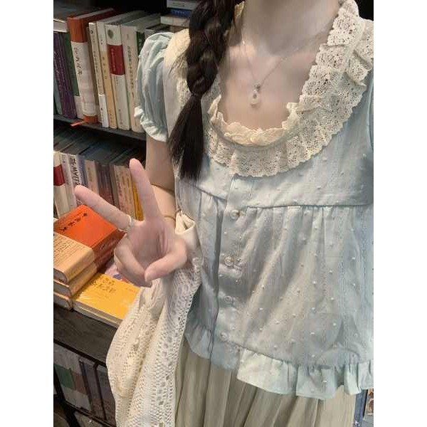 áo croptop áo  kiểu  nữ Tay áo phồng ngọt ngào của Hàn Quốc áo sơ mi ngắn tay độc đáo của phụ nữ mùa hè 2024 mới ren nhẹ nhàng cổ vuông áo Pháp