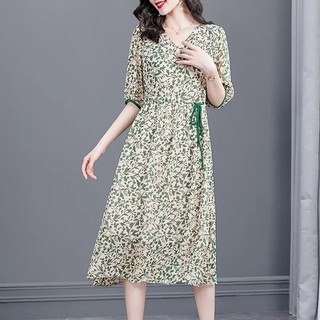 [Hàng có sẵn] Váy mùa hè nữ, hoa vỡ v, váy cao cấp cao cấp mới màu xanh lá cây cao cấp vừa dài khí chất 2024 ngắn tay phong cách nữ cỡ lớn