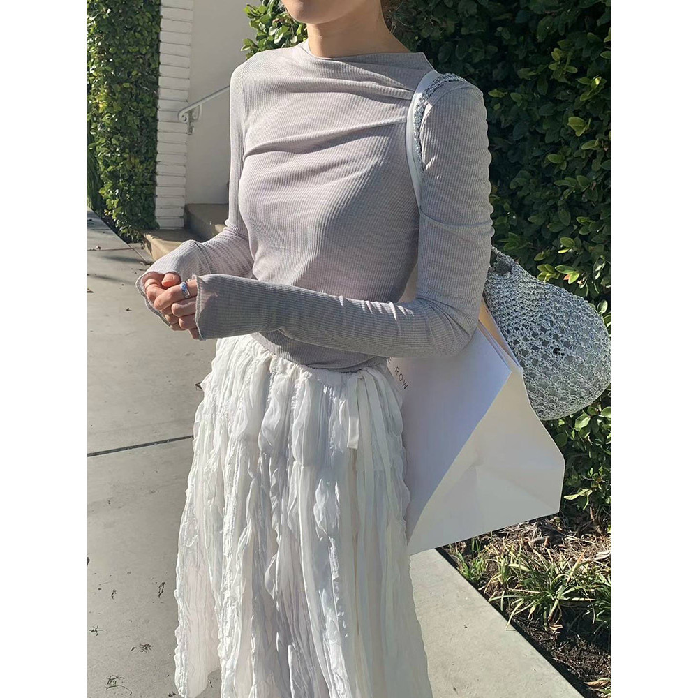 [Sr-studio] Áo thun nữ màu trơn có sẵn Ounce Áo thun nữ ôm vừa vặn Áo sơ mi dài tay Hàn Quốc Dongdae