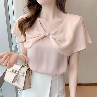 Áo voan tay ngắn nữ thoải mái áo nơ mùa hè
