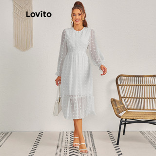 Đầm Lovito vải ren xếp nếp họa tiết chấm bi phong cách thanh lịch cho nữ LBL11187