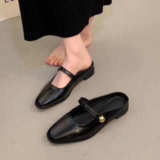Baotou Nửa Dép Nữ Mặc Ngoài Xuân Hè Phong Cách Mới Retro Tất Cả Trận Đấu Mũi Vuông Với Váy Dày Gót Mules