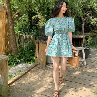 Hàn Quốc Hàn Quốc Hàn Quốc Mùa Hè Làm Mới ~ Hoa Nhiều Màu Sắc Giảm Tuổi Cổ Tròn Co Giãn Eo Hẹp Mỏng Hơn Nhìn Hoa Một Mảnh Culottes Nữ