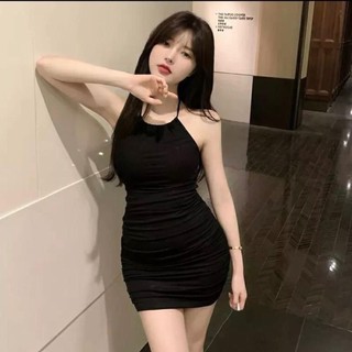 Đầm body cổ yếm nhún hai bên hông dáng ngắn