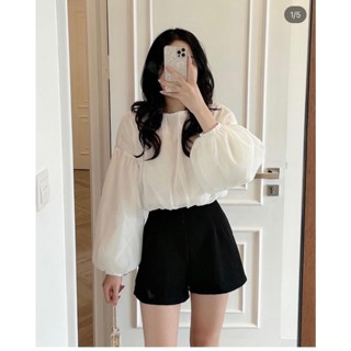 Áo croptop kiểu tay phồng nữ cổ tròn bo chun chất voan tơ 2 lớp phong cách điệu đà - A261