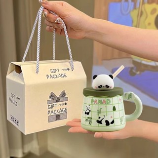  Ly uống nước,Ly cốc sứ hình gấu trúc dễ thương làm quà sinh nhật quà tặng 400ml+Kèm ống hút thuỷ tinh XMB 