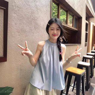 Áo Sơ Mi Cổ Dây Không Tay Nữ Mùa Hè Phong Cách Mới Thời Trang Thiết Kế Cổ Tròn Cảm Giác Sang Trọng Xếp Ly Màu Xanh Top