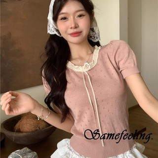 Sf-nữ Đan Áo Thanh Lịch Cổ Tròn Tay Ngắn Dây Buộc Chắp Vá Rỗng Dạo Phố