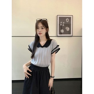 Yuewen Phong Cách Pháp Màu Sắc Tương Phản Vồng Cạnh Búp Bê Cổ Dệt Kim Áo Thun Tay Ngắn Mỏng Hơn Nhìn Ngắn Phong Cách Chính Hãng Vai