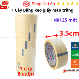 Băng keo giấy màu trắng, rộng 3.5cm, dài 25 mét mỗi cuộn, lõi giấy 3mm - 1 cây có 8 cuộn - shop út lớn