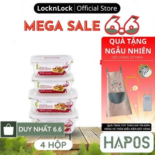 Bộ hộp thủy tinh 4 món LocknLock Chính hãng, nắp kín không rò rỉ, dùng trong lò vi sóng Euro LLG423S4 - HAPOS OFFICIAL