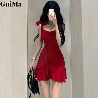 Guima Váy treo nữ màu đỏ gợi cảm thiết kế mới niche khí chất eo váy ngắn giảm béo