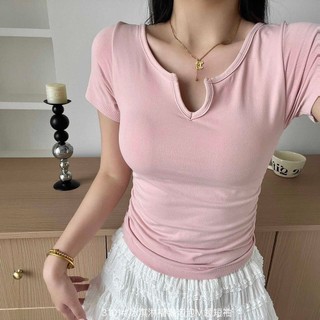 YIBEIKA Áo thun thân thiện với da Xếp ly liền mạch Cổ chữ V cà vạt ngắn tay Sp