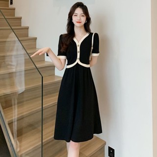 Mùa hè 2025 Mới Hàn Quốc Ngọt Ngào Giả Hai Mảnh Đầm Đen Nữ Lớn