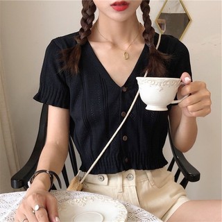Áo baby tee Áo coquette tay ngắn Mùa hè Hàn Quốc Retro Màu Be Cổ Chữ v Phù Hợp Với Áo Sơ Mi Rỗng Áo Thun Nữ