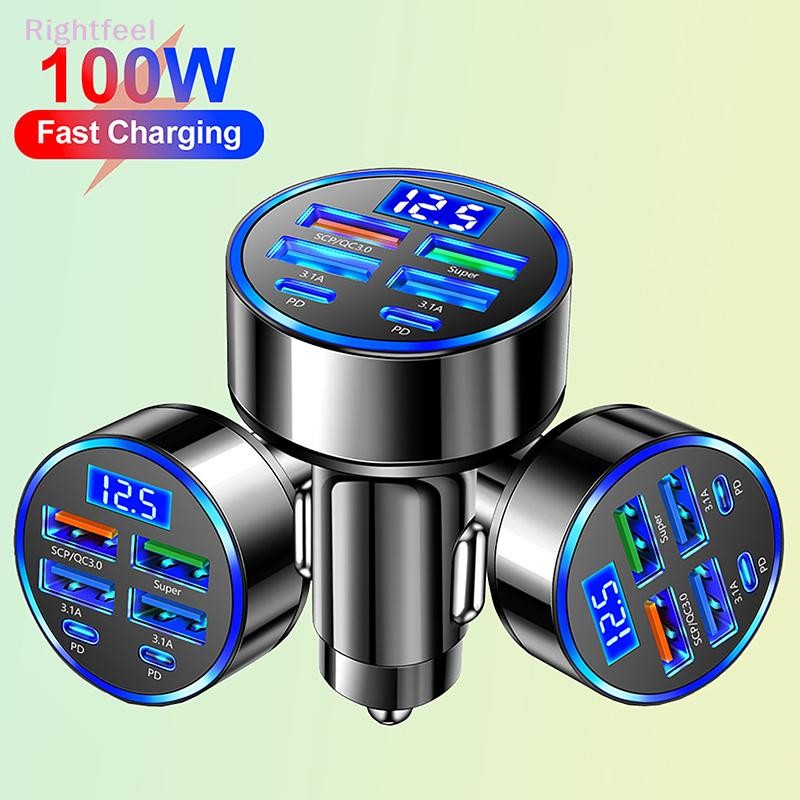  Rightfeel 100W 6 cổng USB Type-C Bộ sạc ô tô có màn hình điện áp PD Bộ chuyển đổi nguồn sạc nhanh cho Iphone Android Điện thoại thông minh Máy tính bảng mới 