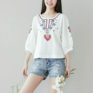 Dali Fei Fate Quần áo nữ phong cách dân tộc mới thêu áo thun ngắn tay Quần áo hàng đầu / 3.1