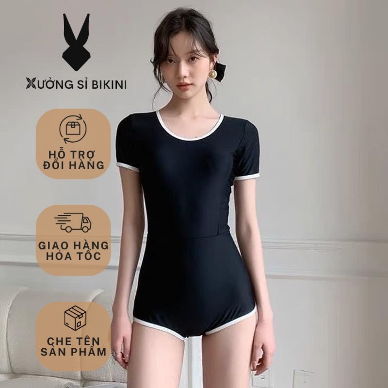 Bikini 1 mảnh Đồ bơi nữ liền mảnh CÀI KHÓA SAU  khoét lưng màu đen viền trắng sporty nhiều kiểu