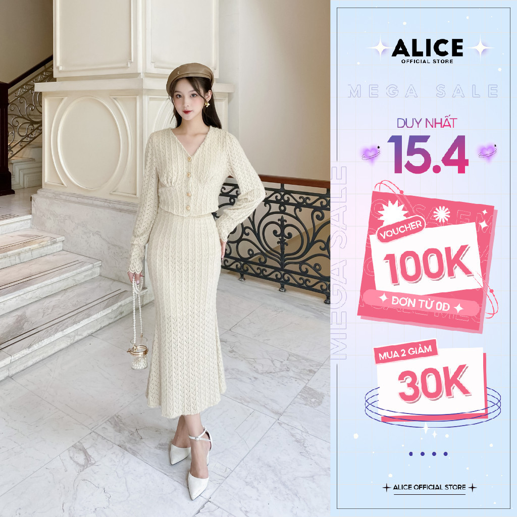 Set Ren Lông Cao Cấp ALICE Áo Croptop Cài Cúc Đồng Kèm Chân Váy Đuôi Cá Có Lót Lụa Mềm Mịn Thanh Lịch Tôn Dáng S227