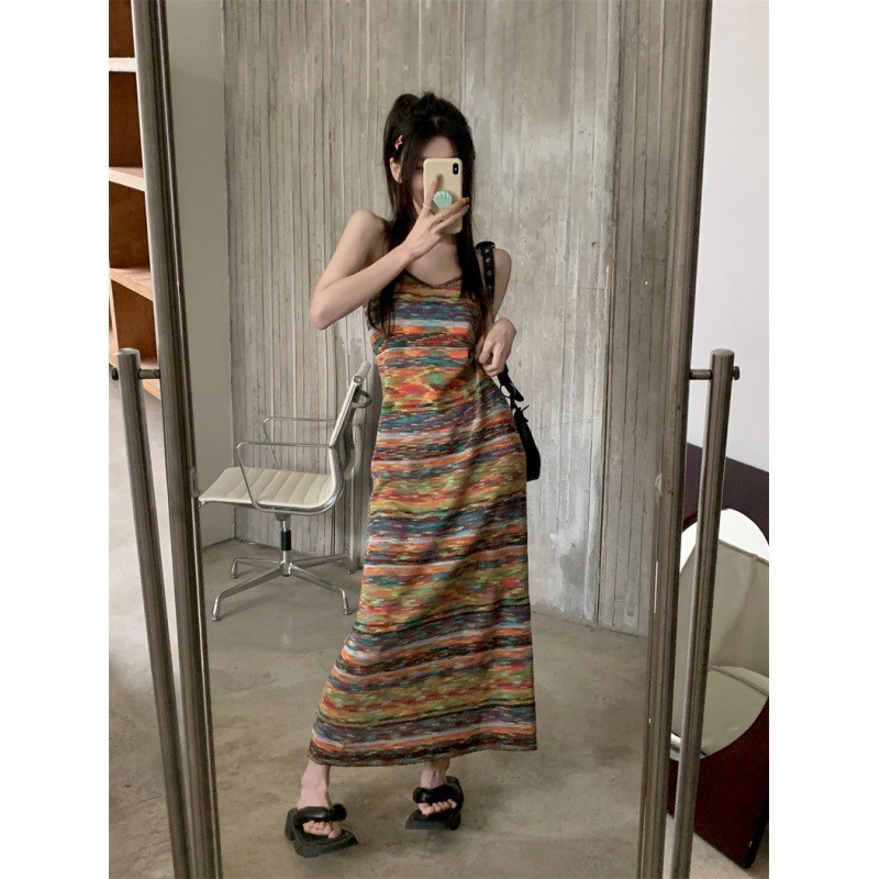 MTMM Váy 2 dây đầm 2 dây đầm body 2 dây dáng dài váy dệt kim sọc cầu vồng dành cho nữ hàn quốc | BigBuy360 - bigbuy360.vn
