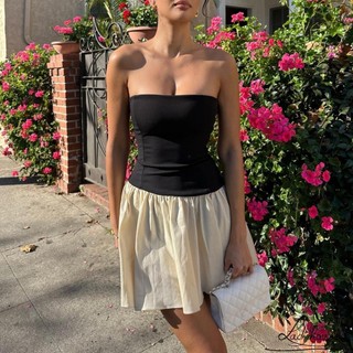 Ldd-nữ Mùa Hè Mini Bandeau Đầm Đen Không Tay Rời Vai Màu Tương Phản Ống Top Dress