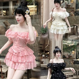 Set áo trễ vai in hoa chân váy xoè tầng Nữ Women