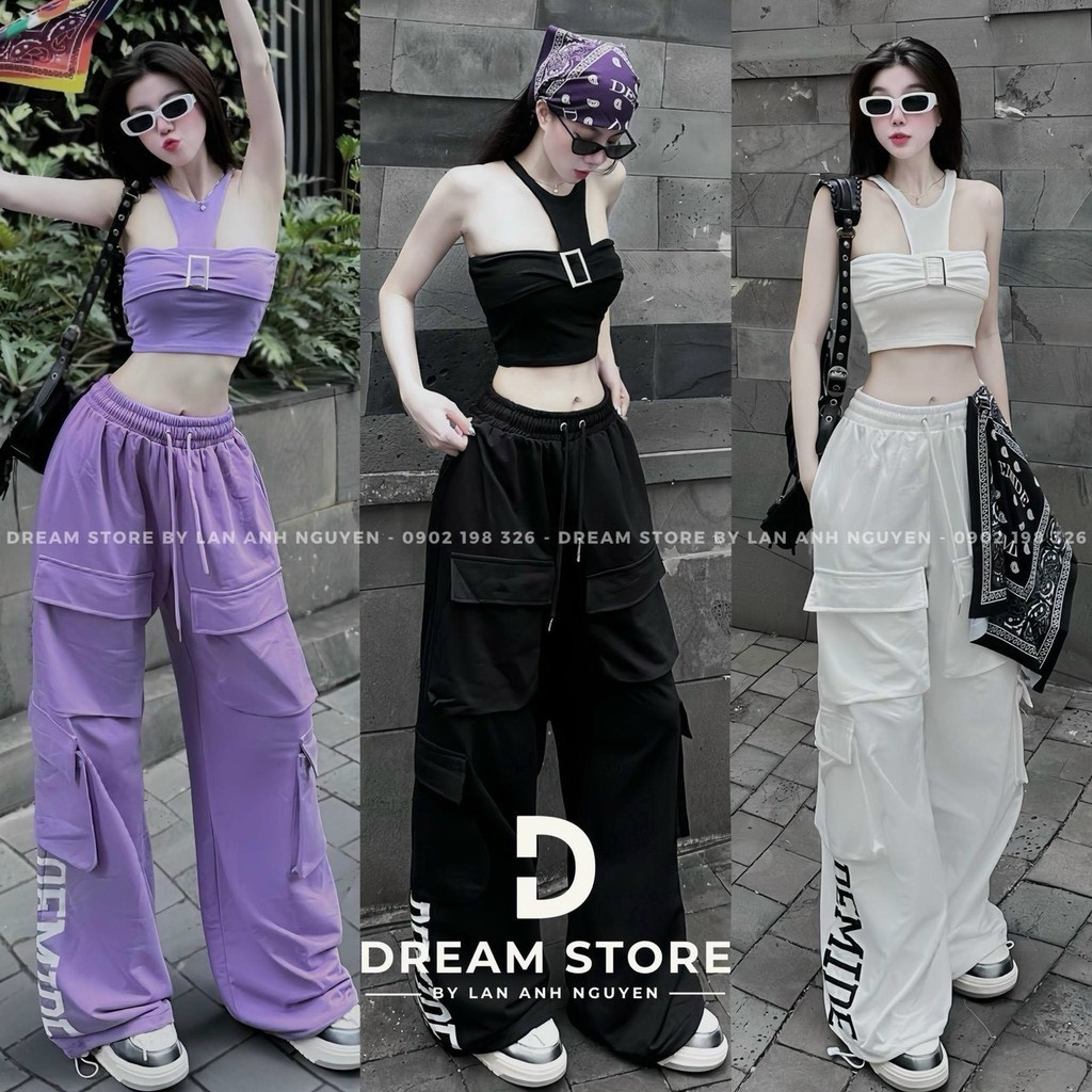 Set Đồ Bộ Áo Kiểu 3 Lỗ Croptop Nhúng Ngực Phối quần Túi Hộp Dài Ống Rộng In Chữ Dễ thương , Siêu Cưng