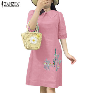 Zanzea Nữ Hàn Quốc Nút Thắt Lưng Co Giãn Thêu Viền Đầm