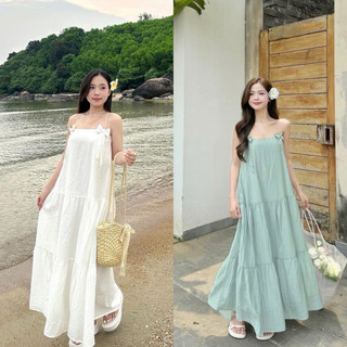 Đầm/Váy maxi đũi tằm đính nơ dáng xoè tầng rộng 2 màu ( váy có quai chỉnh , chun lưng) Juns.Store