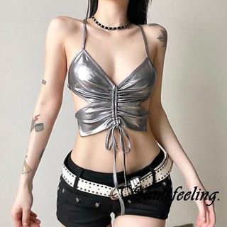 Sf-nữ Kim Loại Cami Tank Tops Không Tay Spaghetti Dây Đeo Dây Rút Phía Trước Áo Sơ Mi Mùa Hè