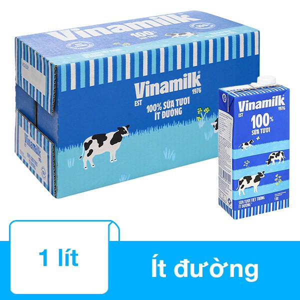 [Vinamilk] Thùng 12 Hộp Sữa Tươi Tiệt Trùng Vinamilk 100% Ít Đường - 1L/hộp