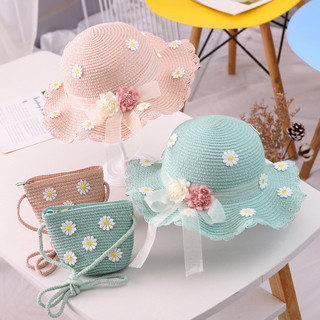 Mũ cói vành hoa Nón cói chống nắng đính nơ phong cách xinh xắn cho bé gái Mũ cói vành hoa